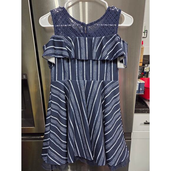 5/$25 Navy and White Striped Cold Shoulder Dress - knit works - 12 - Picture 2 of 4